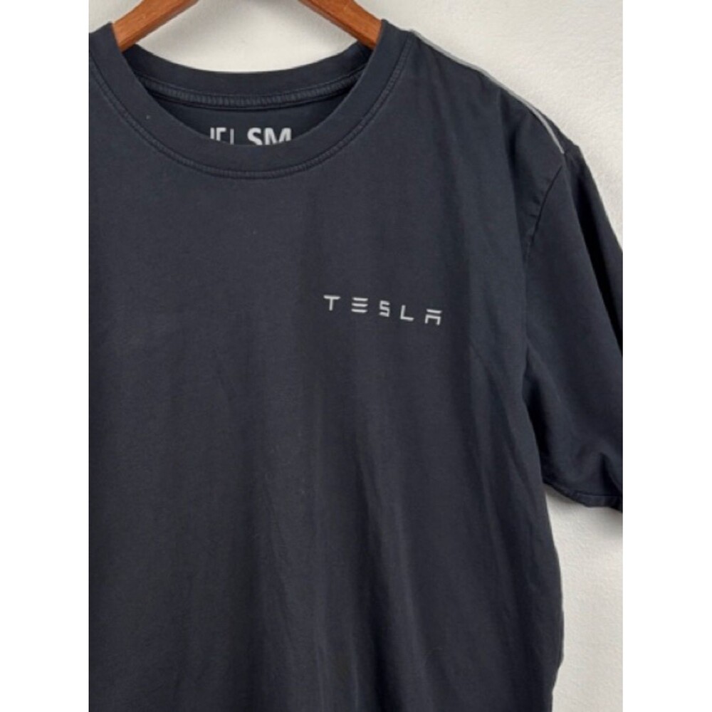 Tesla men’s small Black Short Sleeve Logo Tee shoulder accent TESLA Spelled out